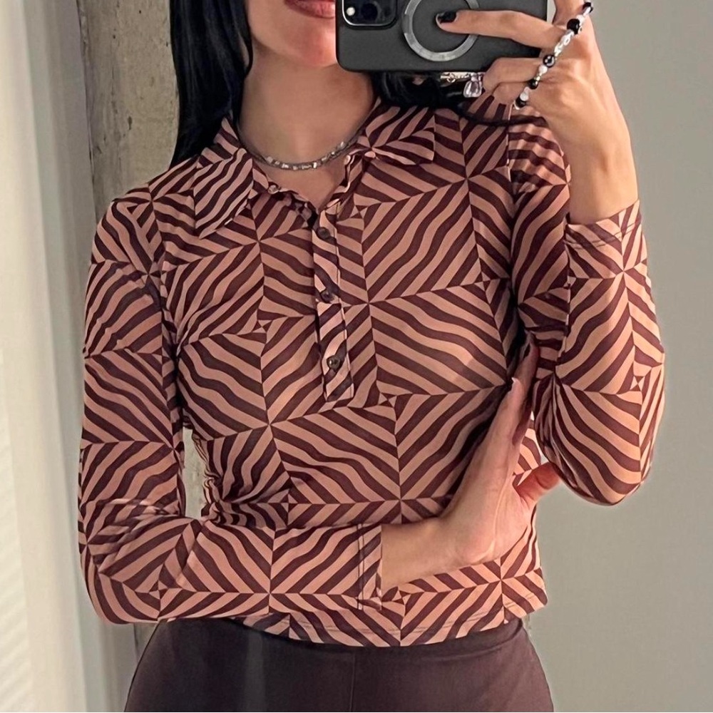 Zara Brown & Beige Geometric Button Down Shirt Semi Sheer